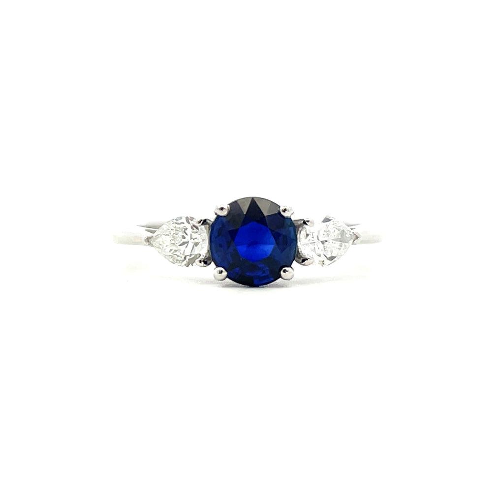 18K White Gold Blue Sapphire And Diamond Engagement Ring - Round Cut - R24013